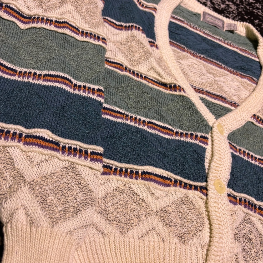 Vintage Concrete Mix Geometric Striped Cardigan Sweater Teal Cream Large - Picture 2 of 6